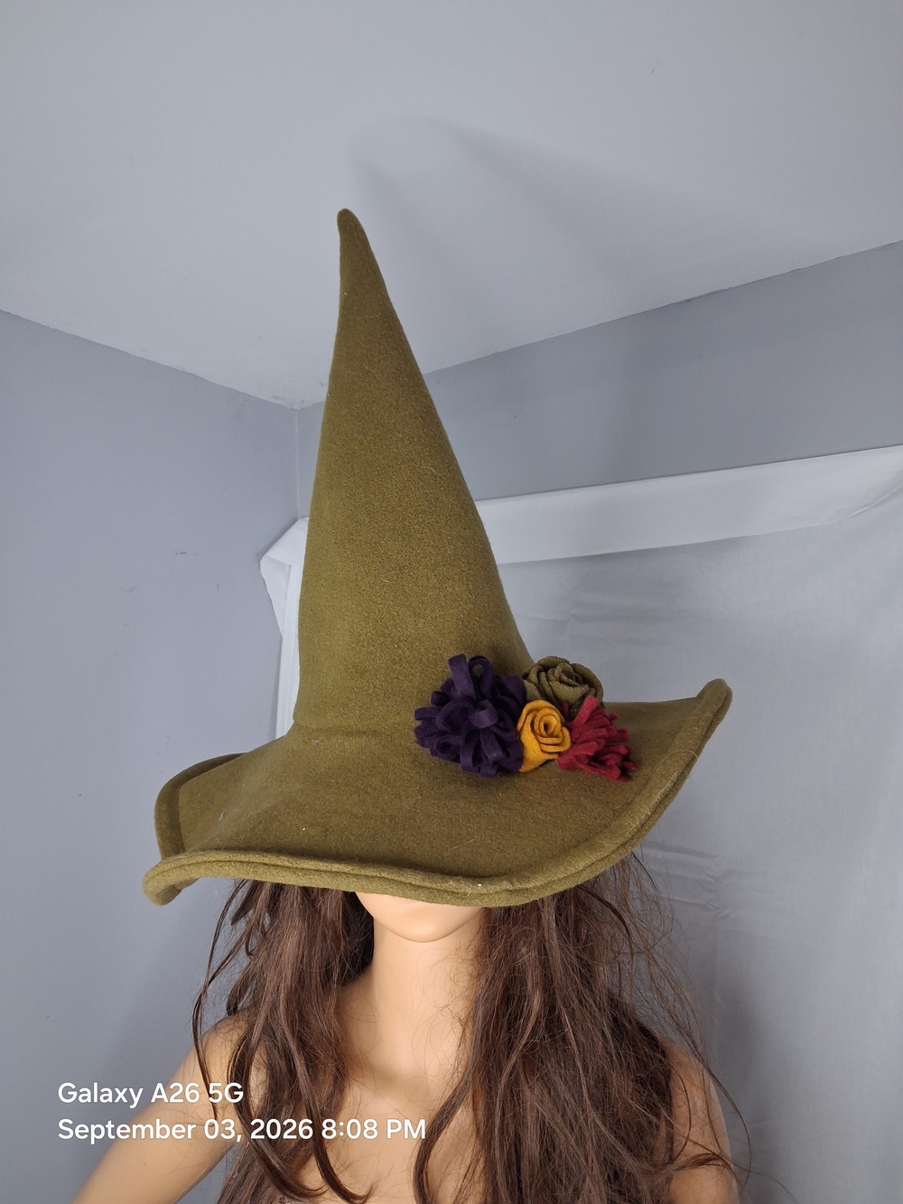 Handmade By Me Olive Green Wool Pointed Witch Hat with Floral Accent